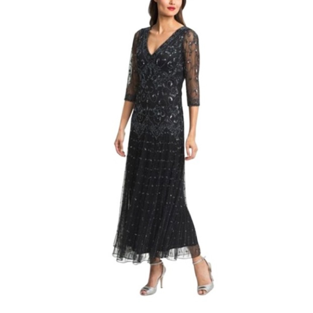 Pisarro Nights EUC Beaded Black V-Neck Dress